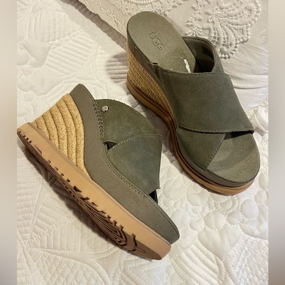 UGG Olive Green Suede Wedge Sandals - Picture 3 of 7